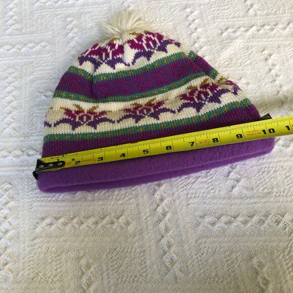VTG 90s Y2K Turtle Fur Knit Pom Beanie Purple Fair-Isle Wool Blend OS USA Ski - Picture 10 of 10